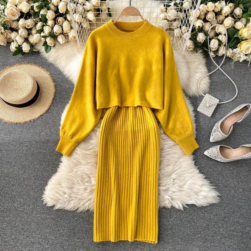 autumn Korean style clothes Two piece dress set Winter fall 2024 fashion women clothing new knitted knit long sleeves sweaters