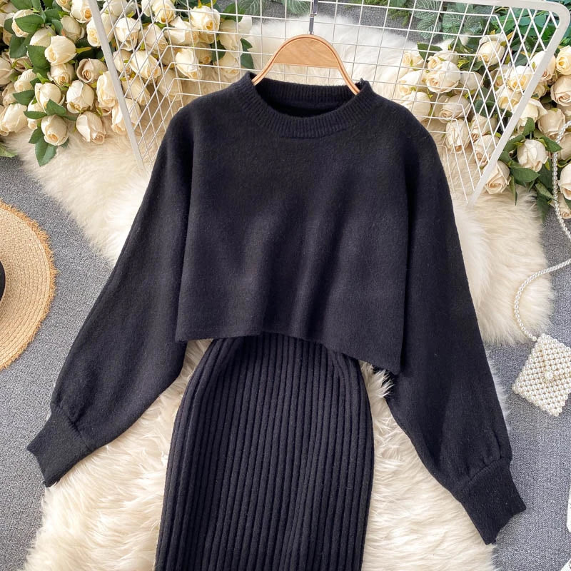 autumn Korean style clothes Two piece dress set Winter fall 2024 fashion women clothing new knitted knit long sleeves sweaters - Seprincess