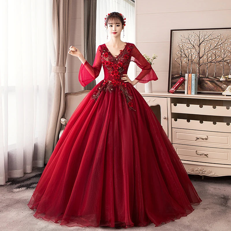 Y&M Novias New V Neck Long Sleeve Quinceanera 15 Years Vestidos De 15 Anos Mint Wine Red Turquoise Quinceanera Gowns Party Dress - Seprincess