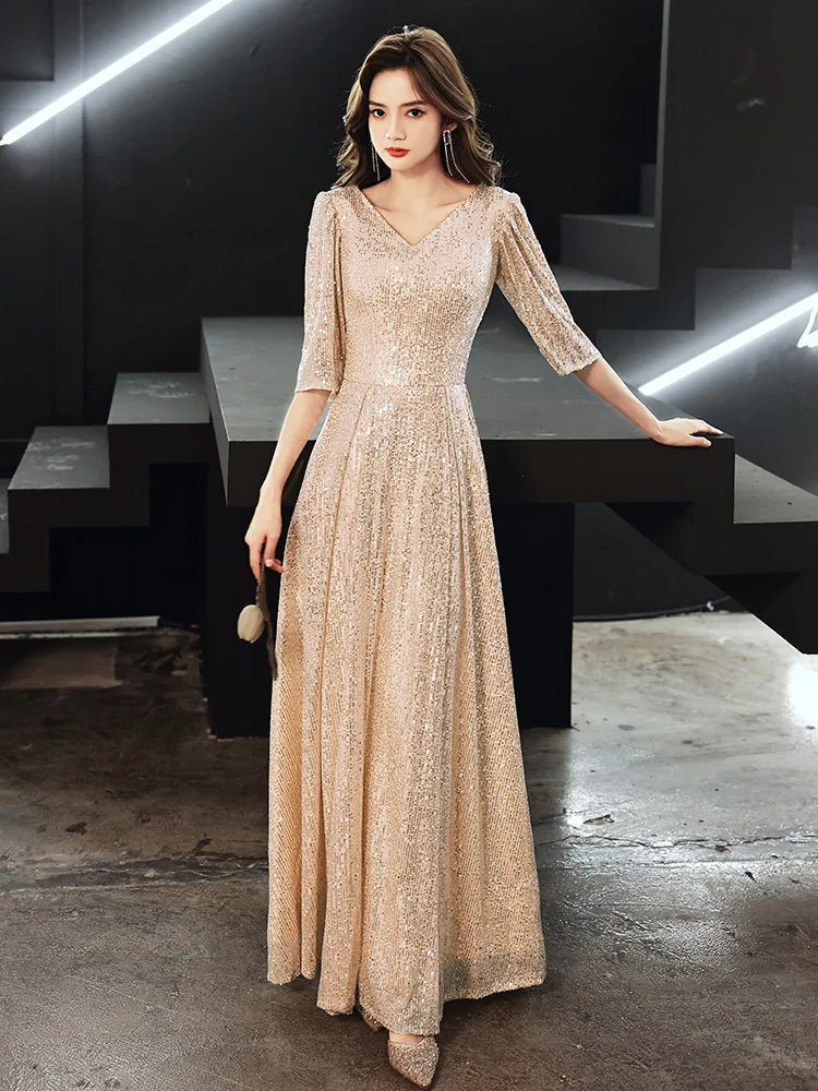 Women's Bridesmaid Dresses V-Neck Half Sleeve Elegant Celebrity Dress Floor-Length Sequined Appliques Gentle Party Gowns - Seprincess