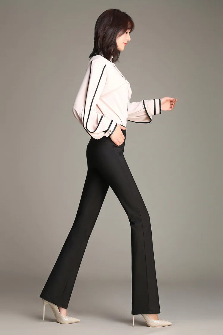 Women Slimming Office Flare Pants High Waist Pure Color Cotton Stretch Casual Big White Black Office Flared Trousers S 3XL 4XL