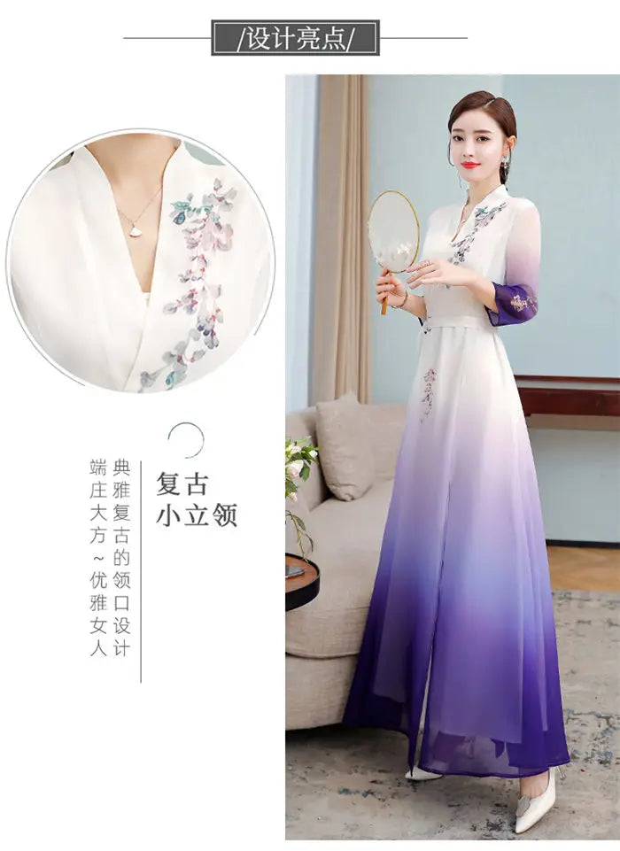 Top 2021 New Elegant Chinese Style V-Neck Slim Gradient Color Three-Quarter Sleeve Long Temperament Dress Qipao Lady Robes y1458