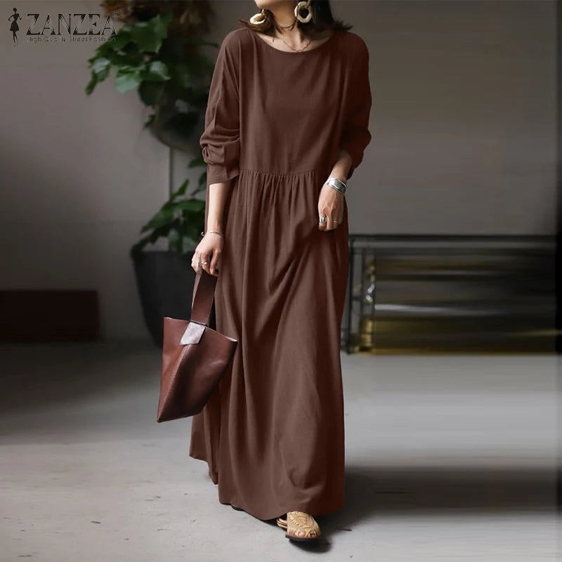 Autumn Women Sundress ZANZEA 2023 Vintage Solid Dresses Female Cotton Robe Casual Long Sleeve Pleated Maxi Vestidos Kaftan - Seprincess