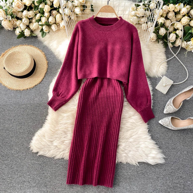 autumn Korean style clothes Two piece dress set Winter fall 2024 fashion women clothing new knitted knit long sleeves sweaters - Seprincess