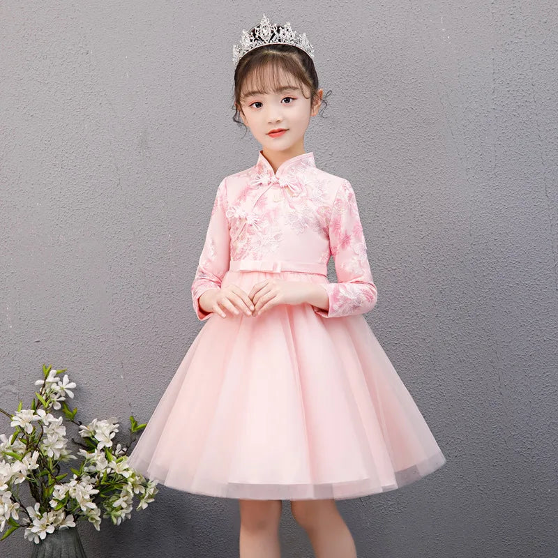 Cute Flower Girls Dresses Kids Chinese Embroidery Lace Cheongsam Dress Baby Girls Elegant Traditional Chinese New Year Dress - Seprincess