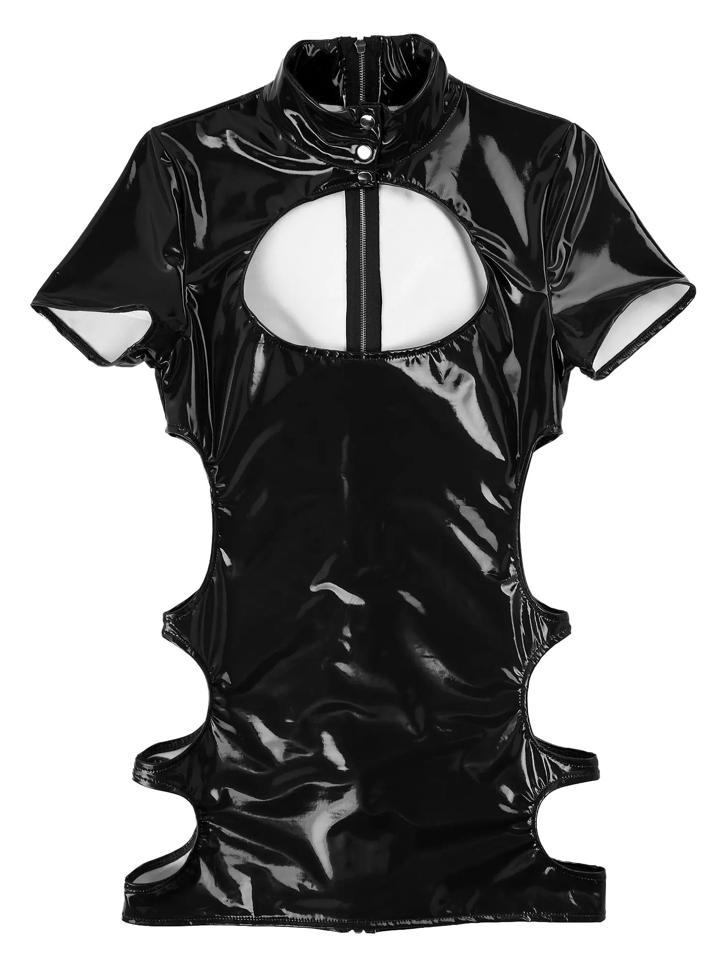 Womens Sexy Ladies Wet Look Costume Pole Cocktail Leather Bare Breast Mini Dress PVC Latex Short Sleeve Back Zipper Clubwear - Seprincess