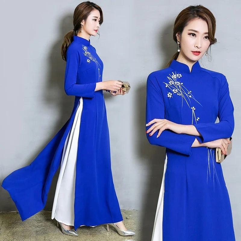 Vietnam Ao Dai Patchwork Tight Dress for Woman Chinese Traditional Costumes Qipao Cheongsams Flower Female Oriental Outfits - Seprincess