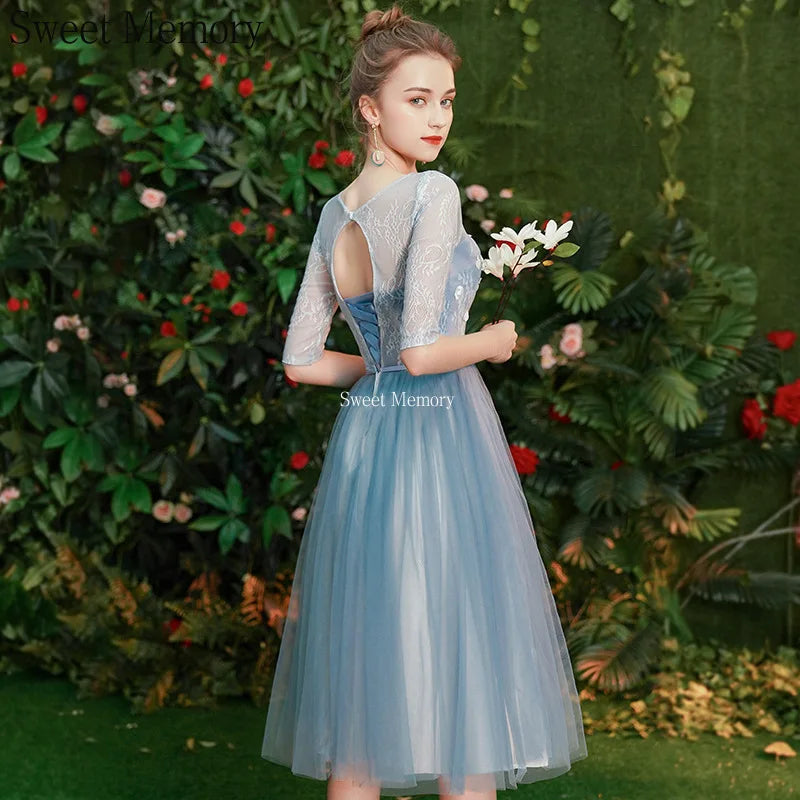 Gray Blue Bridesmaid Dresses For Women Elegant Half Sleeve Wedding Guest Dress Tulle Tea-Length Girl Vestido De Festa - Seprincess