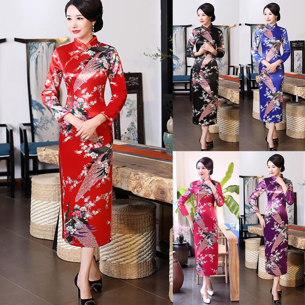 Women Chinese Traditional Dress Peacock Flower Print Long Split Bodycon Dress Cheongsam Stage Show Midi Slim Women Dress - Seprincess