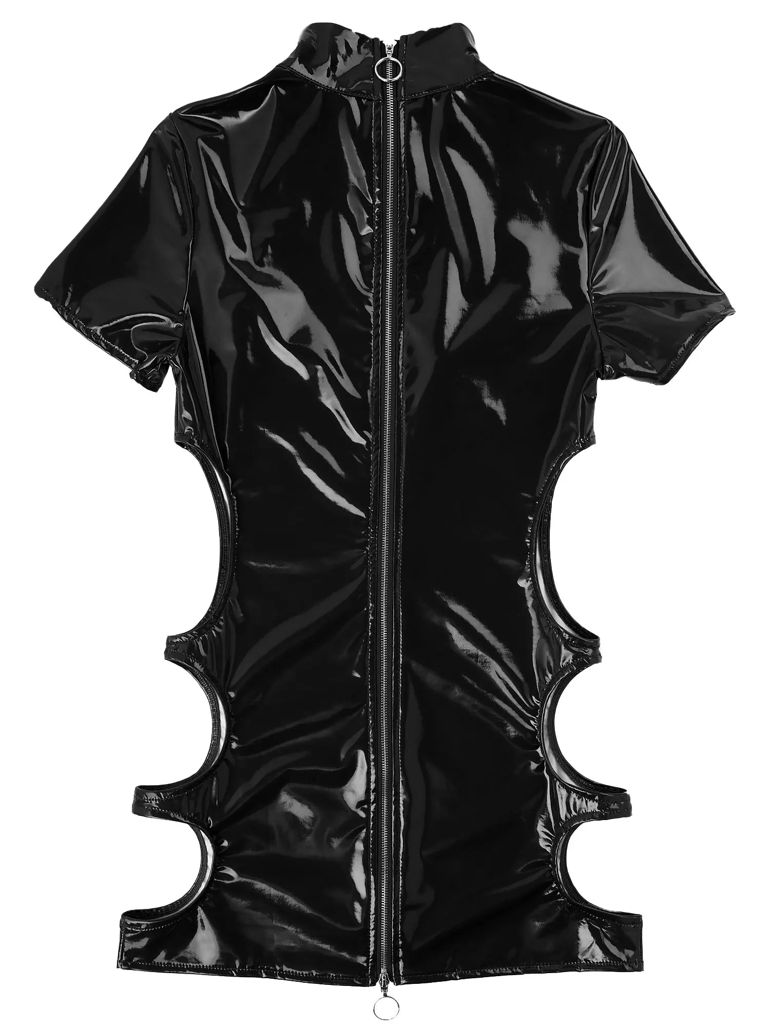 Womens Sexy Ladies Wet Look Costume Pole Cocktail Leather Bare Breast Mini Dress PVC Latex Short Sleeve Back Zipper Clubwear - Seprincess