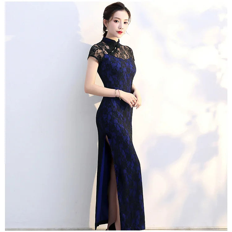 Lace Floral Perspective Collar Qipao Sexy Long Women Cheongsams Big Size 3XL 4XL 5XL Chinese Dress Grace Evening Party Vestidos - Seprincess