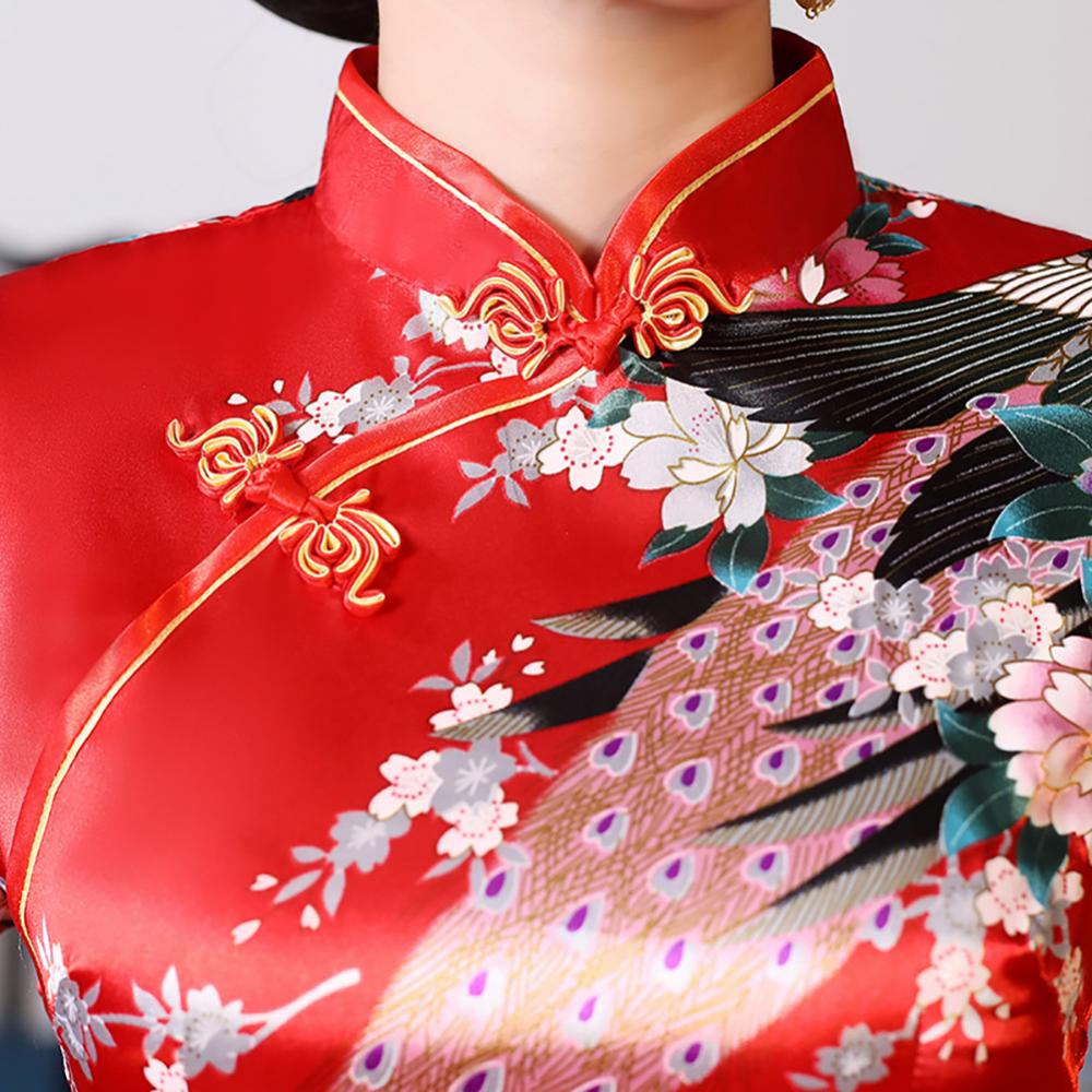 Women Chinese Traditional Dress Peacock Flower Print Long Split Bodycon Dress Cheongsam Stage Show Midi Slim Women Dress