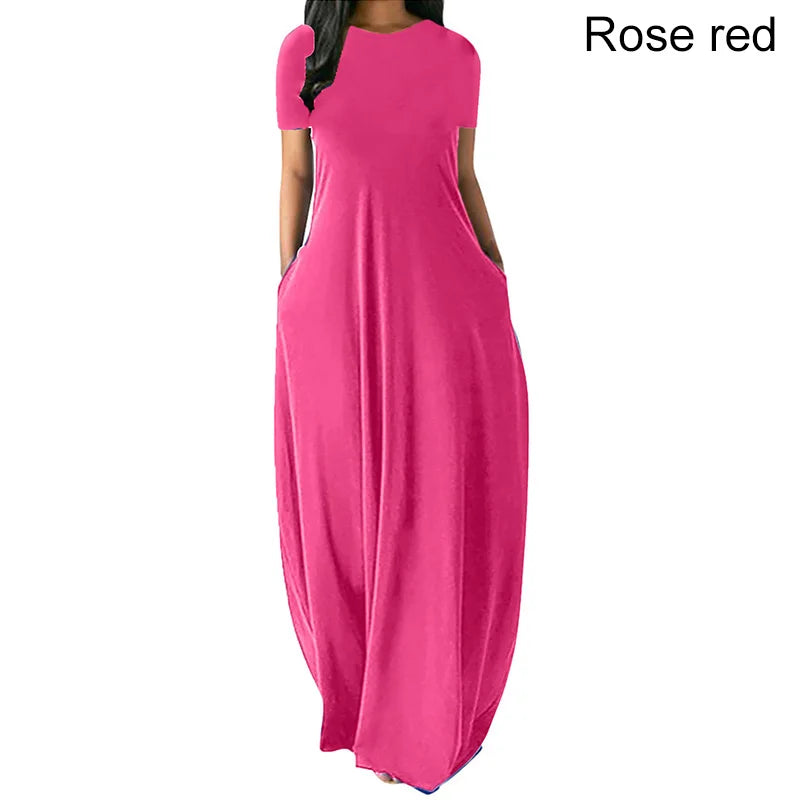 Women Oversize Casual Solid O-Neck Pockets Long Dress Summer Dress Female Plus Size Short Sleeve High Waist Maxi Dresses - Seprincess