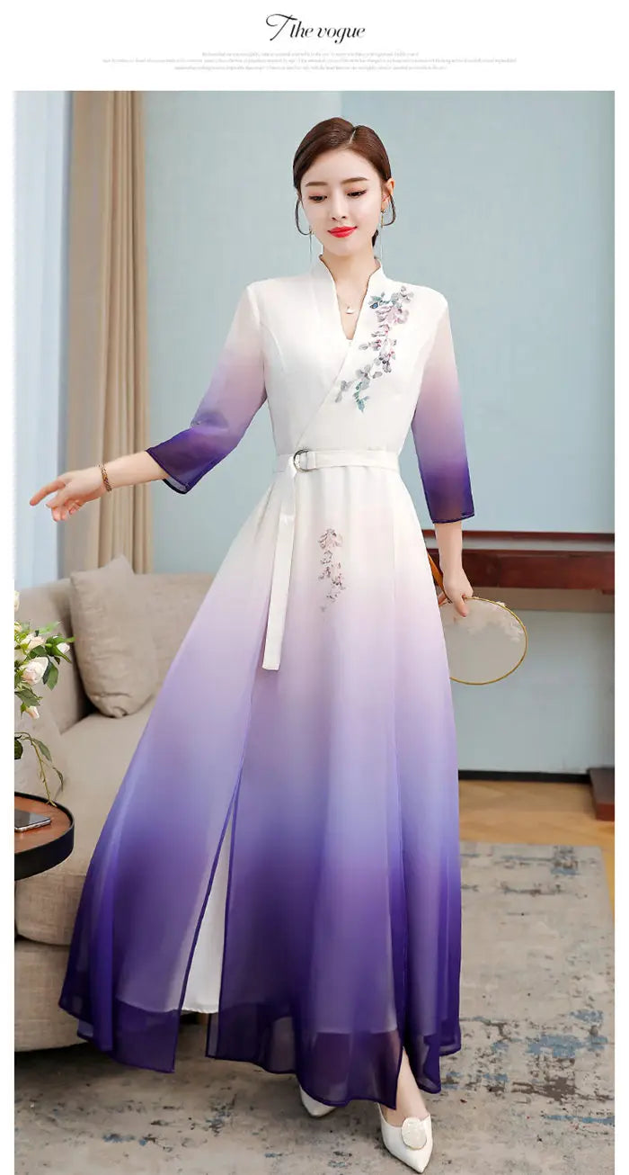 Top 2021 New Elegant Chinese Style V-Neck Slim Gradient Color Three-Quarter Sleeve Long Temperament Dress Qipao Lady Robes y1458