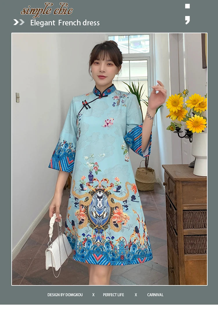 Ins Red Blue Loose 2021 New Fashion Modern Chinese Cheongsam A-line Dress Women 3/4 Sleeve Qipao Traditional Chinese Clothes - Seprincess