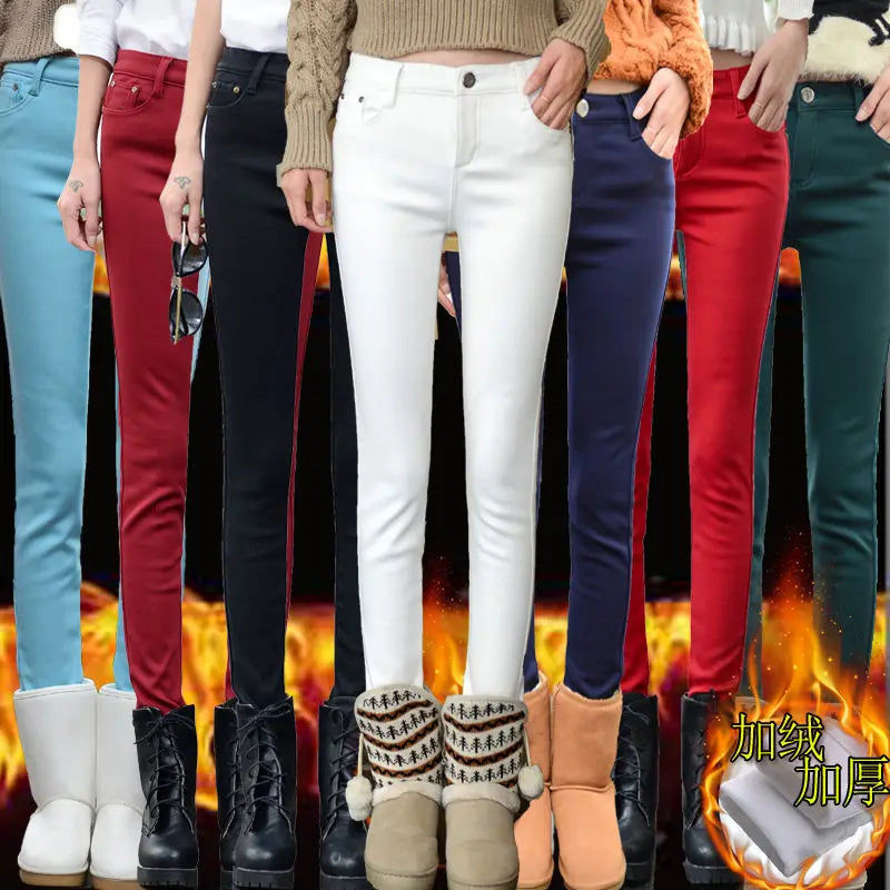 Korean Fashion Velvet Stretch Skinny Pant Women Mid Waist Warm Vaqueros Office Fleece Trousers Candy Colors Thick Winter Jeans