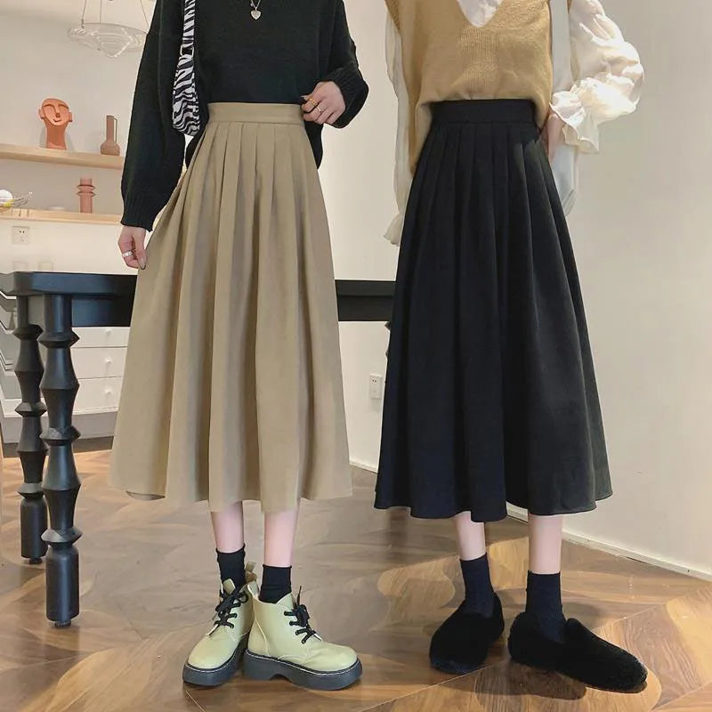 Lucyever Vintage Brown High Waist Pleated Skirt Women Korean Fashion College Style Long Skirt Ladies Autumn Casual A line Skirts - Seprincess