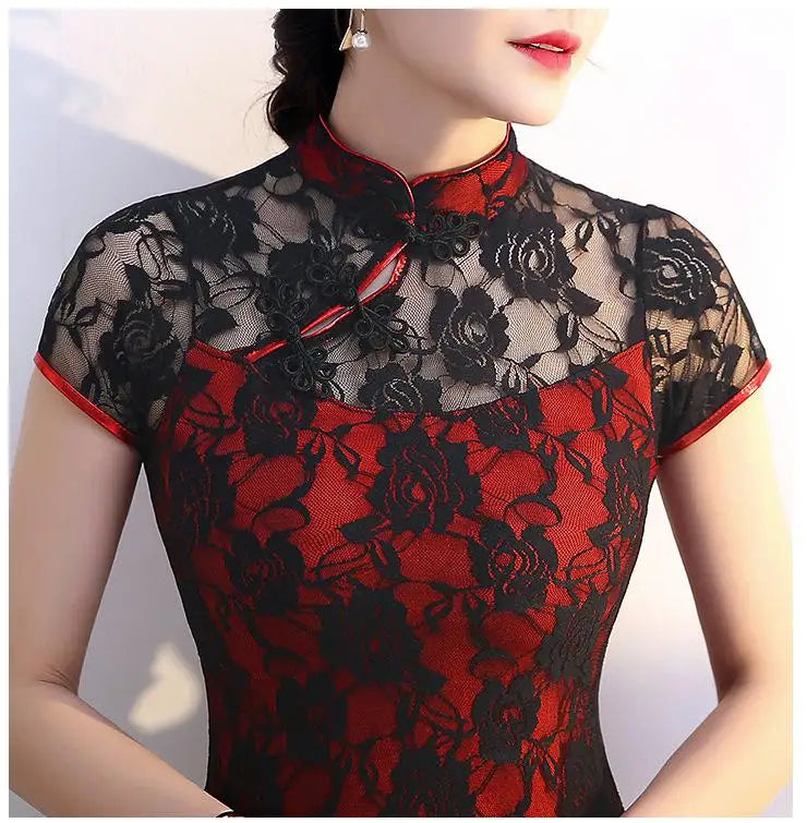 Lace Floral Perspective Collar Qipao Sexy Long Women Cheongsams Big Size 3XL 4XL 5XL Chinese Dress Grace Evening Party Vestidos