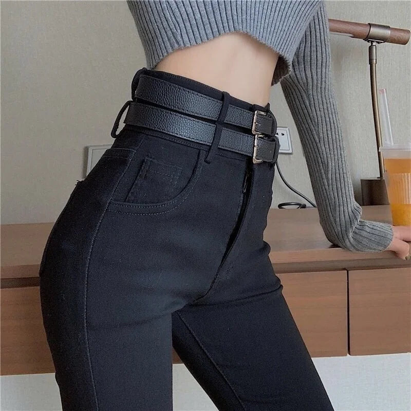 Woman Jeans Pants Black Ankle Tight Pencil Pants Autumn High Waist Tight Elastic Double Waist Head Pantalones Vaqueros Mujer