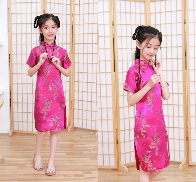 Lovely Girls Silky Satin cheongsam Dress Cute Princess Girls Dresses Kids Party Ball Gown Dress New Year cheongsam Clothing - Seprincess