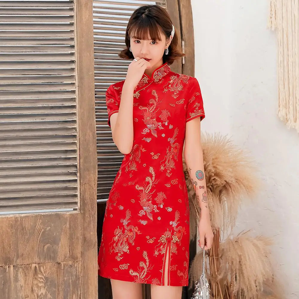 Knit Dragon Novelty Satin Chinese Dress Women Red Classic Mandarin Collar Short Cheongsam Vestidso Qipao Evening Party Gown