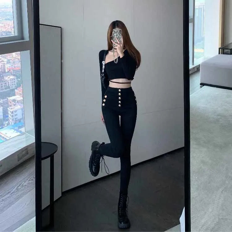 Spring Autumn Fashion High Waist Skinny Trousers Women's Casual Double Breasted Black Pencil Pants