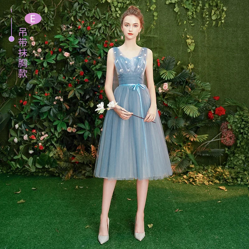 Gray Blue Bridesmaid Dresses For Women Elegant Half Sleeve Wedding Guest Dress Tulle Tea-Length Girl Vestido De Festa - Seprincess