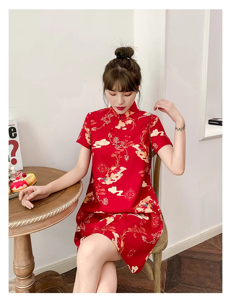 M-4XL 2022 New Year Red Summer Trend Street Fashion Modern Cheongsam A-line Dress Women Qipao Traditional Chinese Clothes - Seprincess