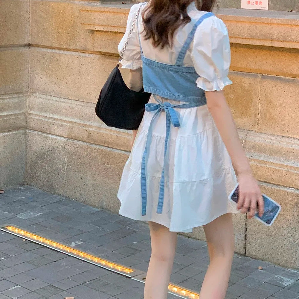 2 Piece Set Women Summer High Waist Dress Y2K Denim Camisole + Mini Dress Elegant Puff Sleeve A-line Dress Vintage Slim Dresses - Seprincess