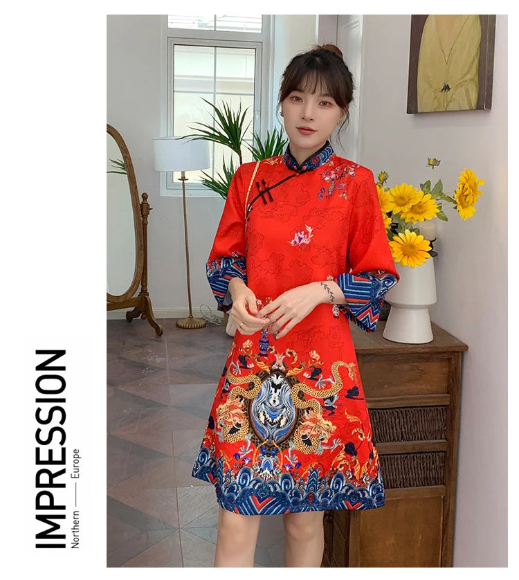 Ins Red Blue Loose 2021 New Fashion Modern Chinese Cheongsam A-line Dress Women 3/4 Sleeve Qipao Traditional Chinese Clothes - Seprincess