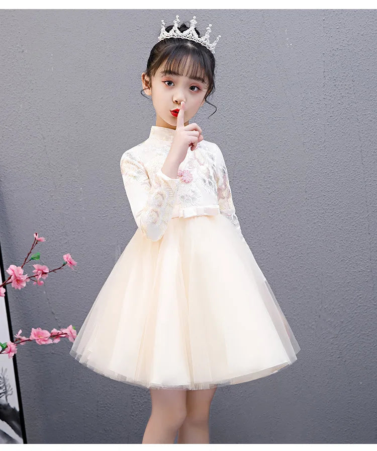 Cute Flower Girls Dresses Kids Chinese Embroidery Lace Cheongsam Dress Baby Girls Elegant Traditional Chinese New Year Dress - Seprincess