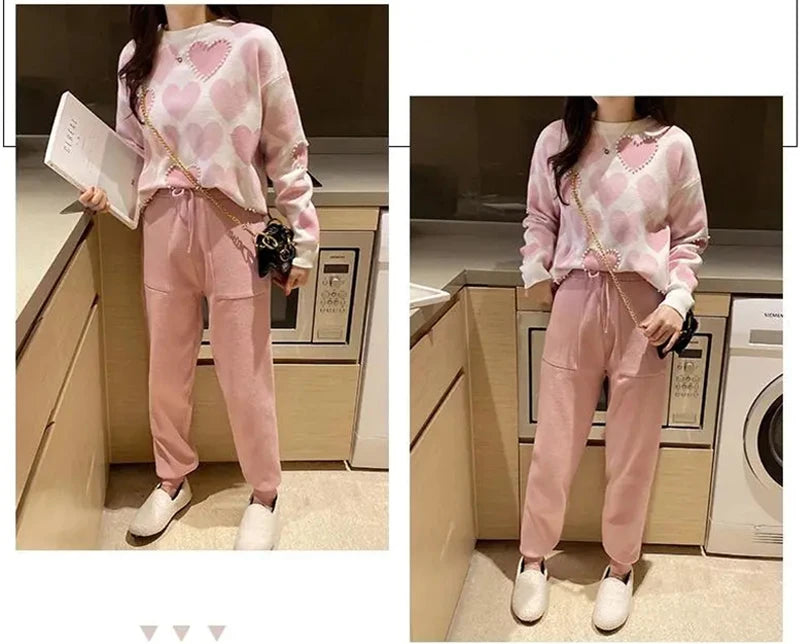 Love Printed Knit Two Peice Set Women Long Sleeve Sweater Pullover Tops Suits  Casual Jogger Pants Conjunto Knitwear Korean Sets - Seprincess