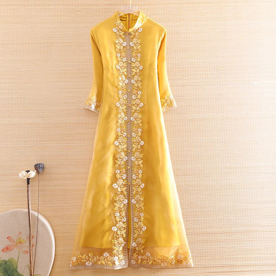 Hi-end Spring Autumn  Women Organza Cheongsam Dress Embroidery Slim Elegant Lady Chinese Style A-line Party Qiapo Dress S-XXL - Seprincess