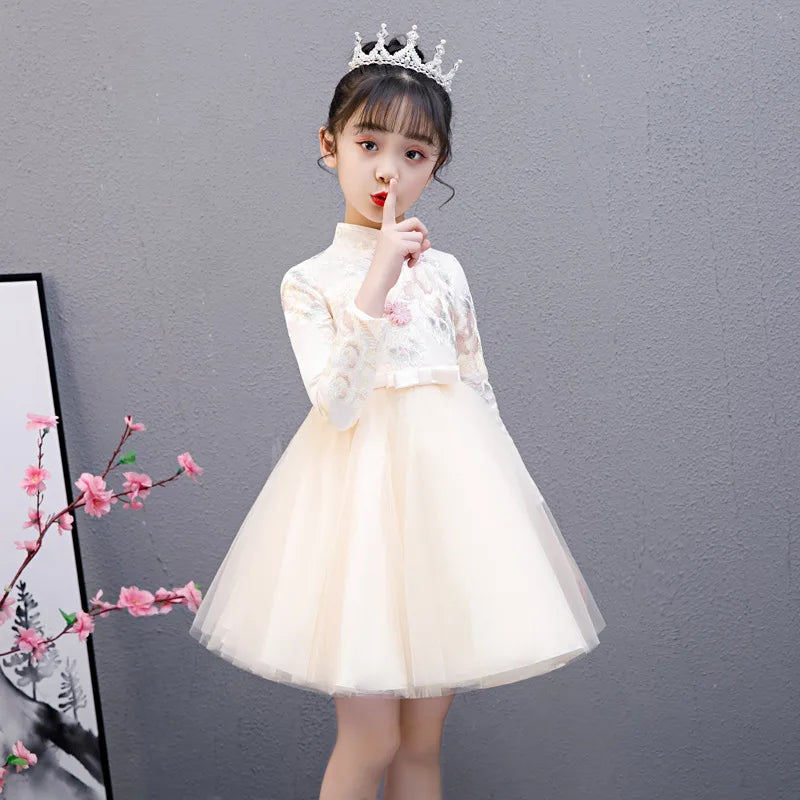 Cute Flower Girls Dresses Kids Chinese Embroidery Lace Cheongsam Dress Baby Girls Elegant Traditional Chinese New Year Dress - Seprincess