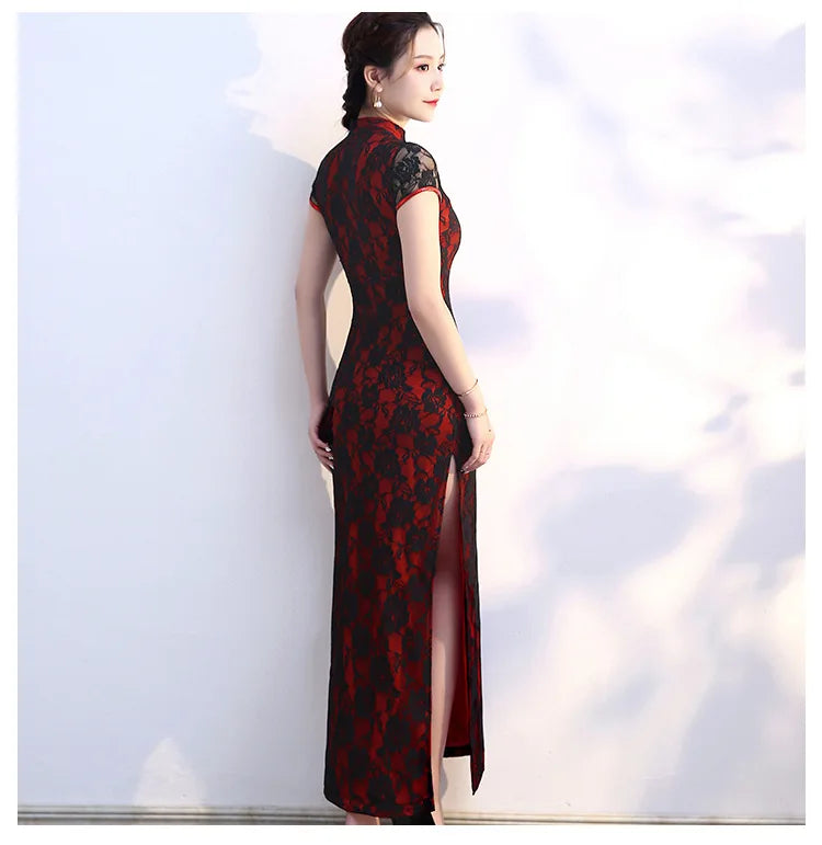 Lace Floral Perspective Collar Qipao Sexy Long Women Cheongsams Big Size 3XL 4XL 5XL Chinese Dress Grace Evening Party Vestidos