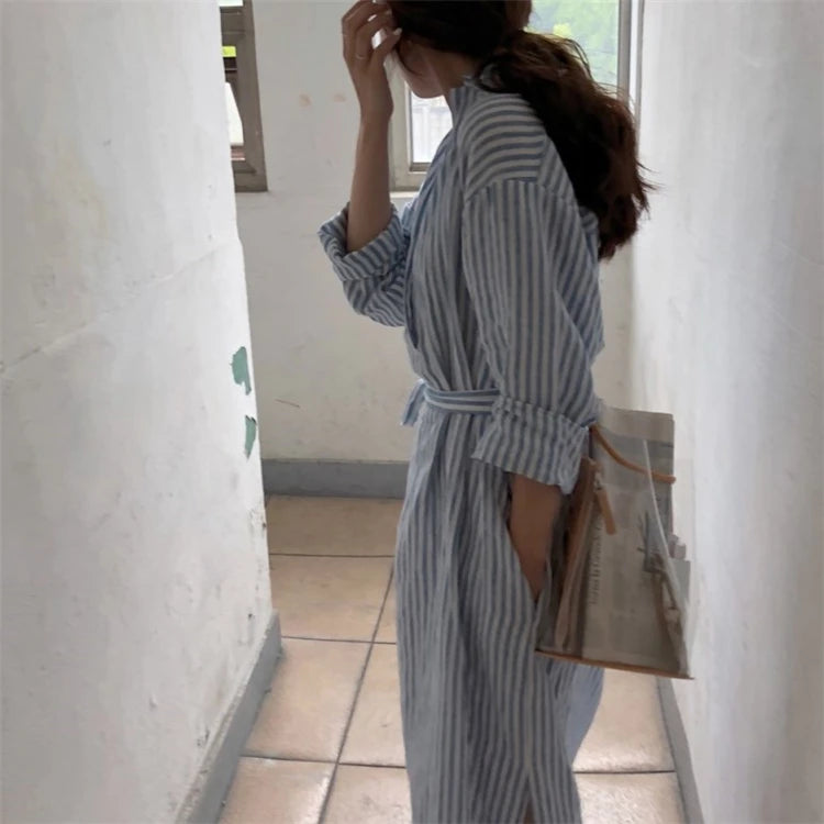 Colorfaith DR2268 2023 New Striped Lace Up Cotton and Linen Shirt Dress Spring Summer Women Korean Fashion Chic Long Dresses - Seprincess