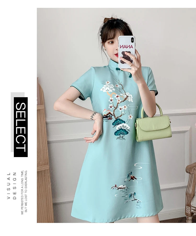 Plus Size M-4XL 2021 New Blue Loose Fashion Modern Cheongsam Dress Women Short Sleeve Qipao Traditional Chinese Style Clothes - Seprincess