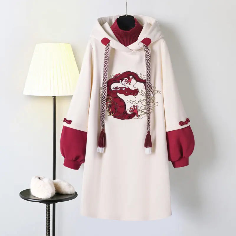 Winter Plus Size Dress Women's Chinese Traditional Style Hanfu Cheongsam Embroidered Tang Suit Hooded Sweatshirt Vestidos