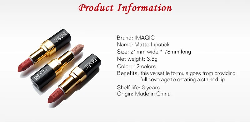 IMAGIC 12-Color Lipstick Matte Waterproof Velvet Pigment Nude Rouge Waterproof Long Lasting Lip Profissional Cosmetics Beauty - Seprincess