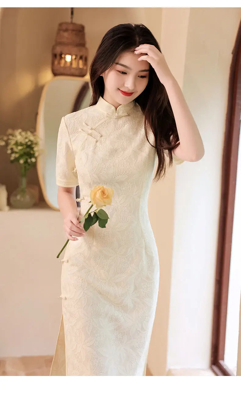 Summer Cheongsam New Young Girl Chinese Style Qipao Retro Dress Medium Long White Sweet Daily Party Dress 2021 - Seprincess