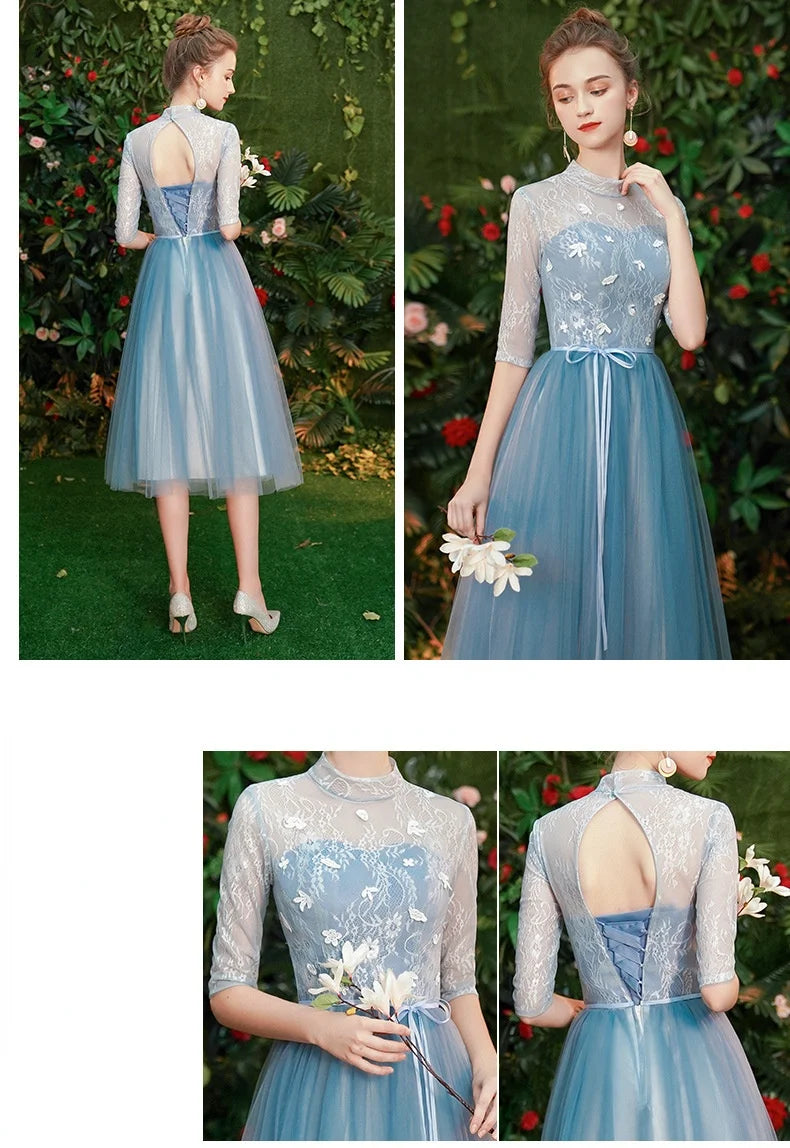 Gray Blue Bridesmaid Dresses For Women Elegant Half Sleeve Wedding Guest Dress Tulle Tea-Length Girl Vestido De Festa - Seprincess