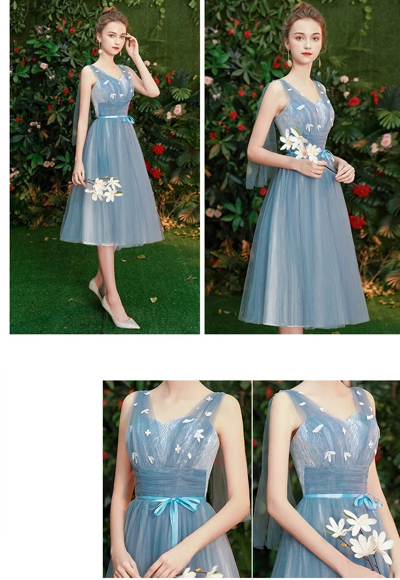 Gray Blue Bridesmaid Dresses For Women Elegant Half Sleeve Wedding Guest Dress Tulle Tea-Length Girl Vestido De Festa - Seprincess