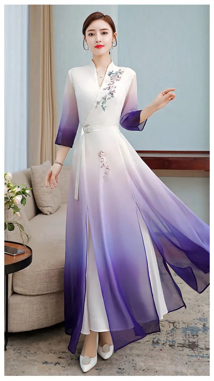 Top 2021 New Elegant Chinese Style V-Neck Slim Gradient Color Three-Quarter Sleeve Long Temperament Dress Qipao Lady Robes y1458