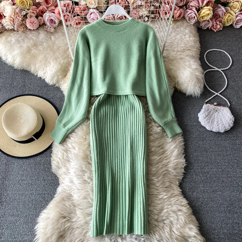 autumn Korean style clothes Two piece dress set Winter fall 2024 fashion women clothing new knitted knit long sleeves sweaters - Seprincess