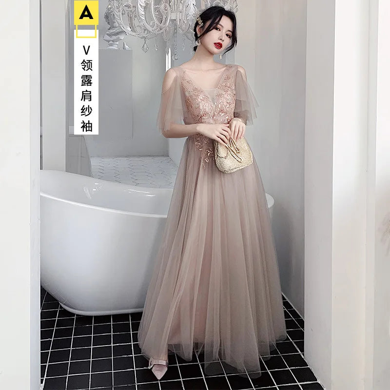 Bridesmaid Dresses Shining Sequin Appliques Women Wedding Party Dress V-Neck Half Sleeve Formal Long Gowns Elegant Vestidos R082 - Seprincess