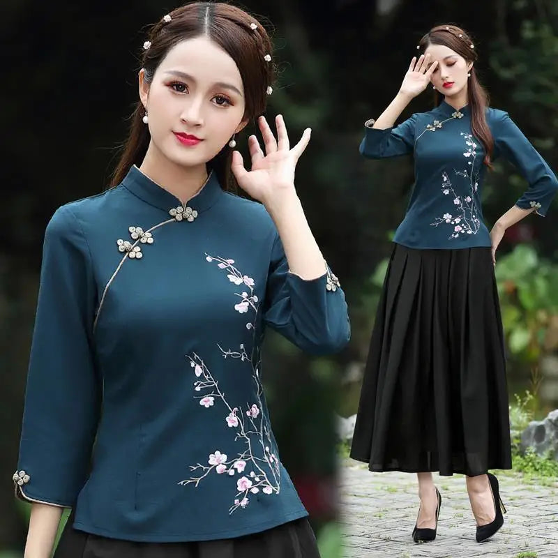 Cheongsam Women's Plus Size Tops 2024 Summer New Fashion Cotton Manual Embroidery Stand Collar Chinese Style Qipao Shirts Woman - Seprincess