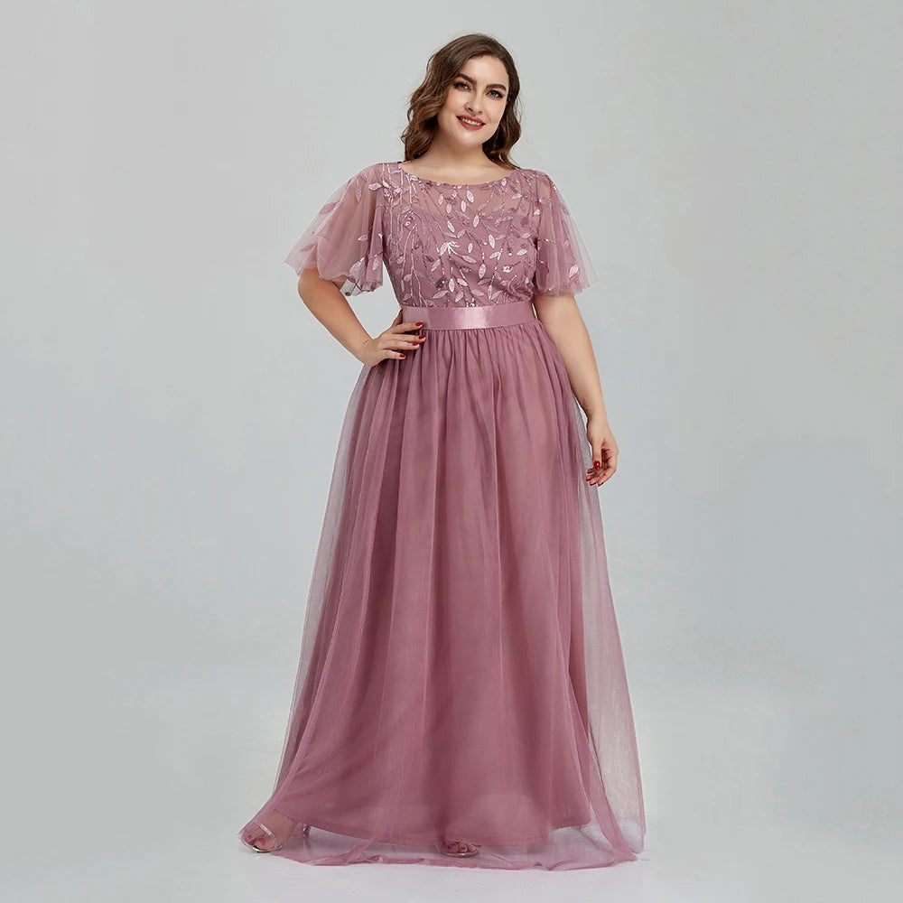 Women's Plus Size Mesh A-Line Sequin Embroidery Evening Dress Leaf  Maxi Prom Dress With Sleeves For Wedding Dress 2022 - Seprincess