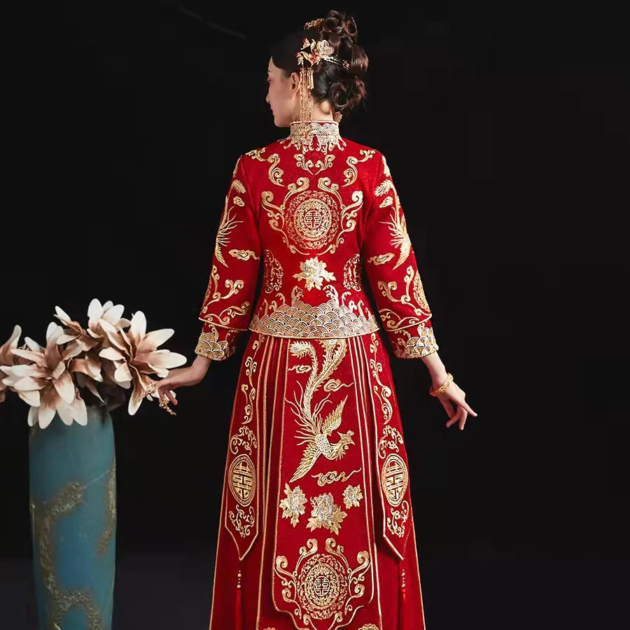 Modern Cheongsam Top + Skirt Suit Red Qipao Long Chinese Traditional Wedding Dress Oriental Style Xiuhefu Dresses - Seprincess