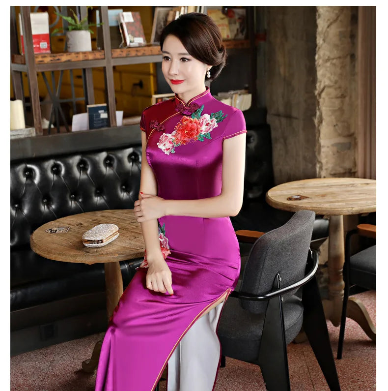 Classical Women Long Show Satin Chinese Dress Elegant Slim Embroidery Flower Qipao Cheongsam Retro Mandarin Collar Evening Gown