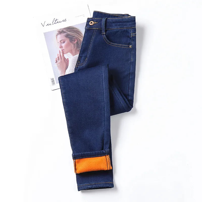 Winter Thick Women Warm Skinny Jeans Simple Stretch Velvet Fleece Female High Waist Denim Pencil Pants Clothes 36 38 40